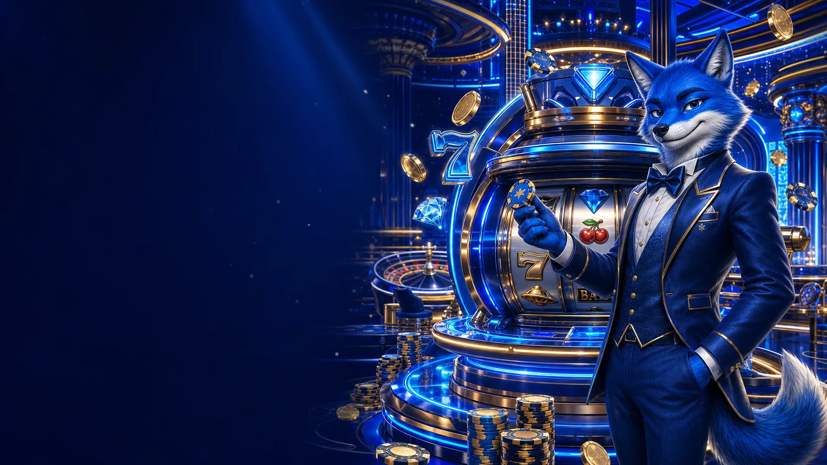 Futuristic casino scene with blue fox mascot and sophisticated slot machine on right, clean dark-blue space on left.